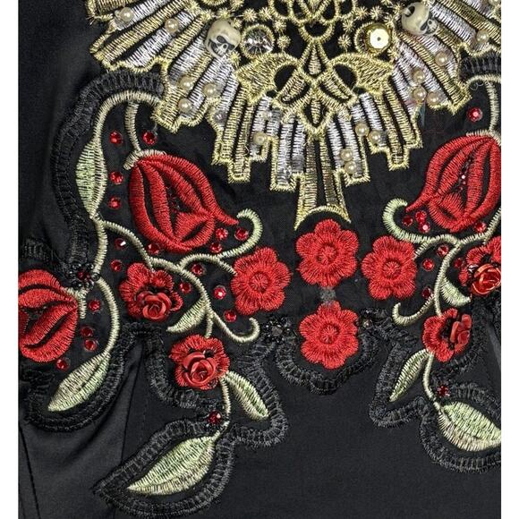 Gothic Lace Up Bustier Corset Heart Skulls 3D Roses Black Gold Red Witchy Voodoo - Picture 8 of 9